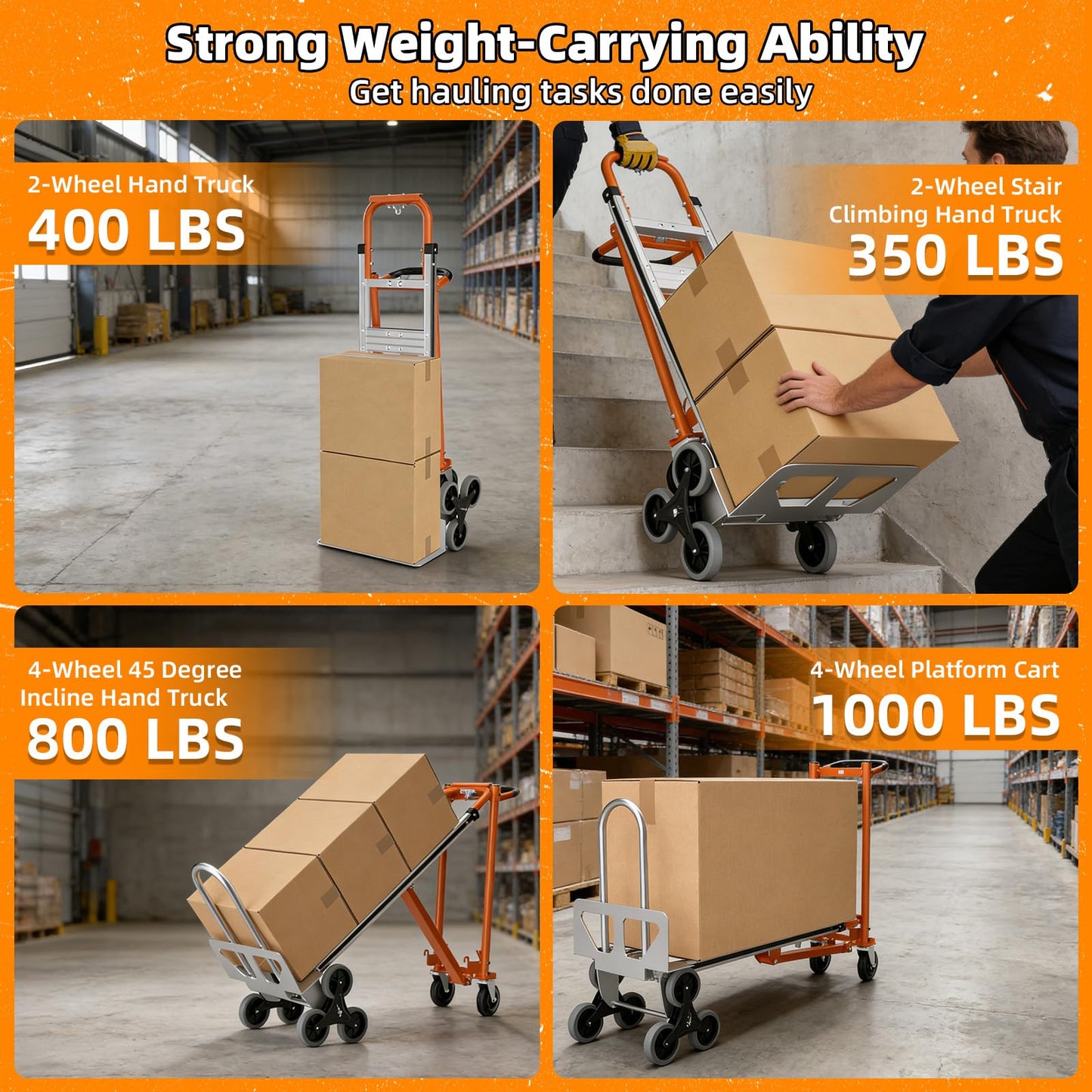 Aluminum 4 in 1 Convertible Hand Truck Dolly Cart with Wheels, 1000Lbs Capacity, Heavy Duty Stair Climbing Hand Trucks with Bungee Cord&Strap for Flat Ground & Stairs, Logistics, Home, Office, Orange