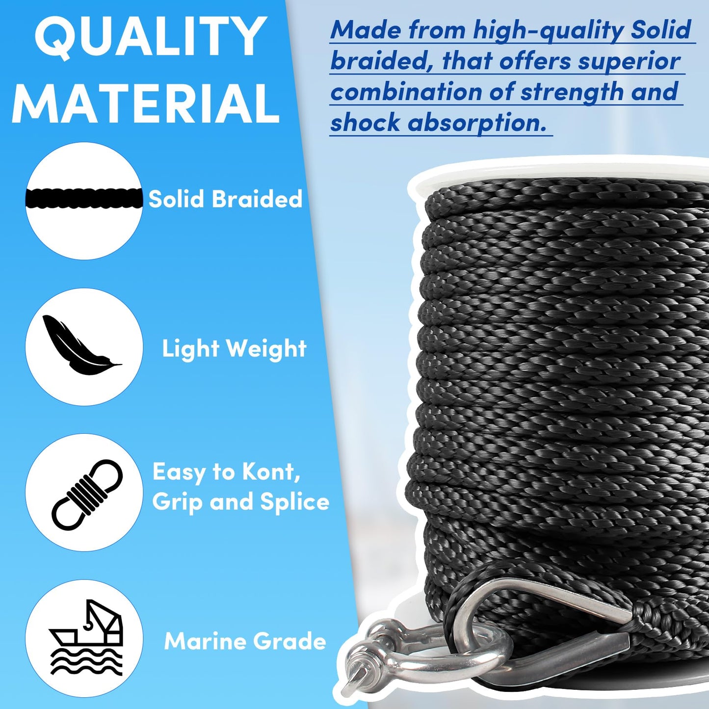 Premium Anchor Rope 50 ft x 3/8 inch, Solid Braid MFP Anchor Line Boat Rope with Thimble & Shackle - Black
