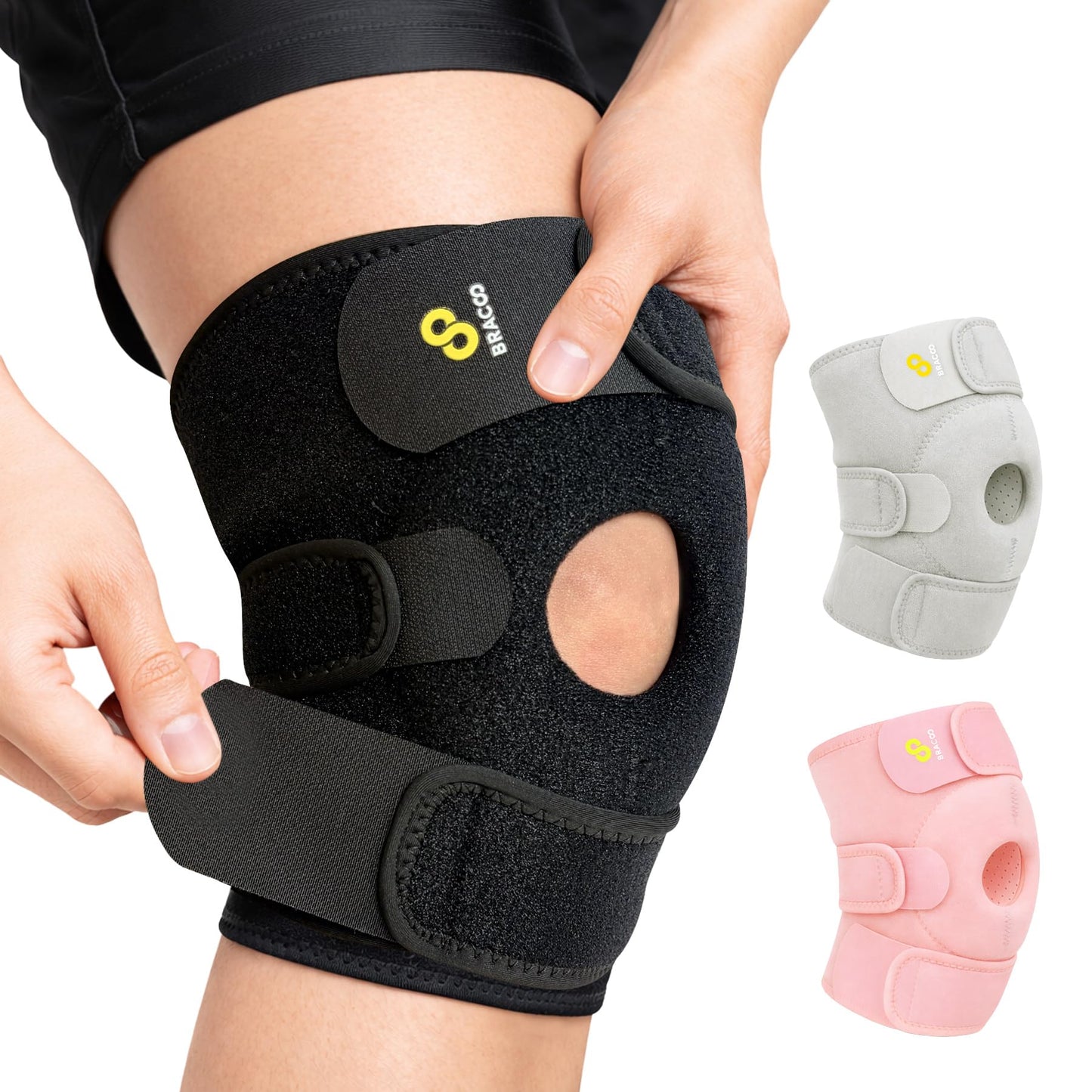Bracoo Adjustable Compression Knee Patellar Pad Tendon Support Sleeve Brace for Men Women - Arthritis Pain, Injury Recovery, Running, Workout, KS10 (Black)