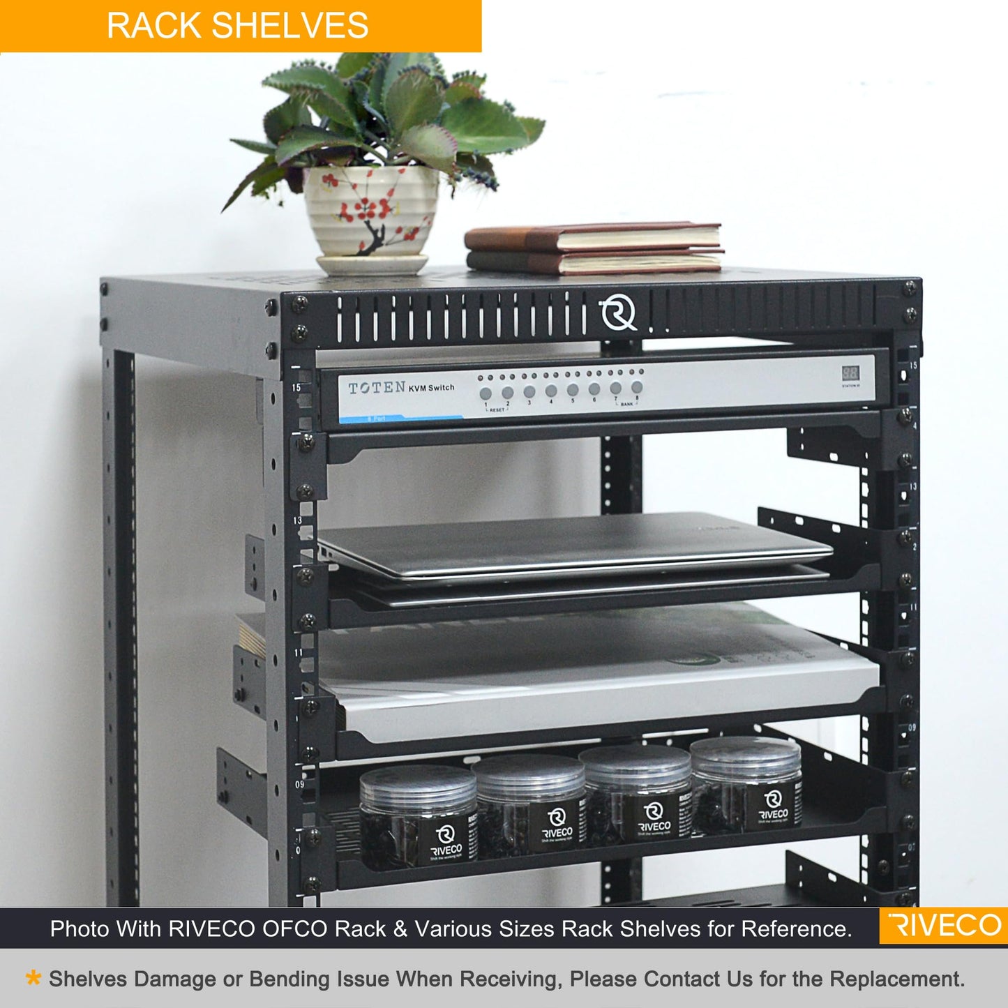 RIVECO 25U Network Rack with Reinforced Top Cover - 4 Post Floor Rack on Wheels Including Rack Mount Power Strip & 2PCS 1U Rack Shelves & 12" Rack Shelves 2 PCS