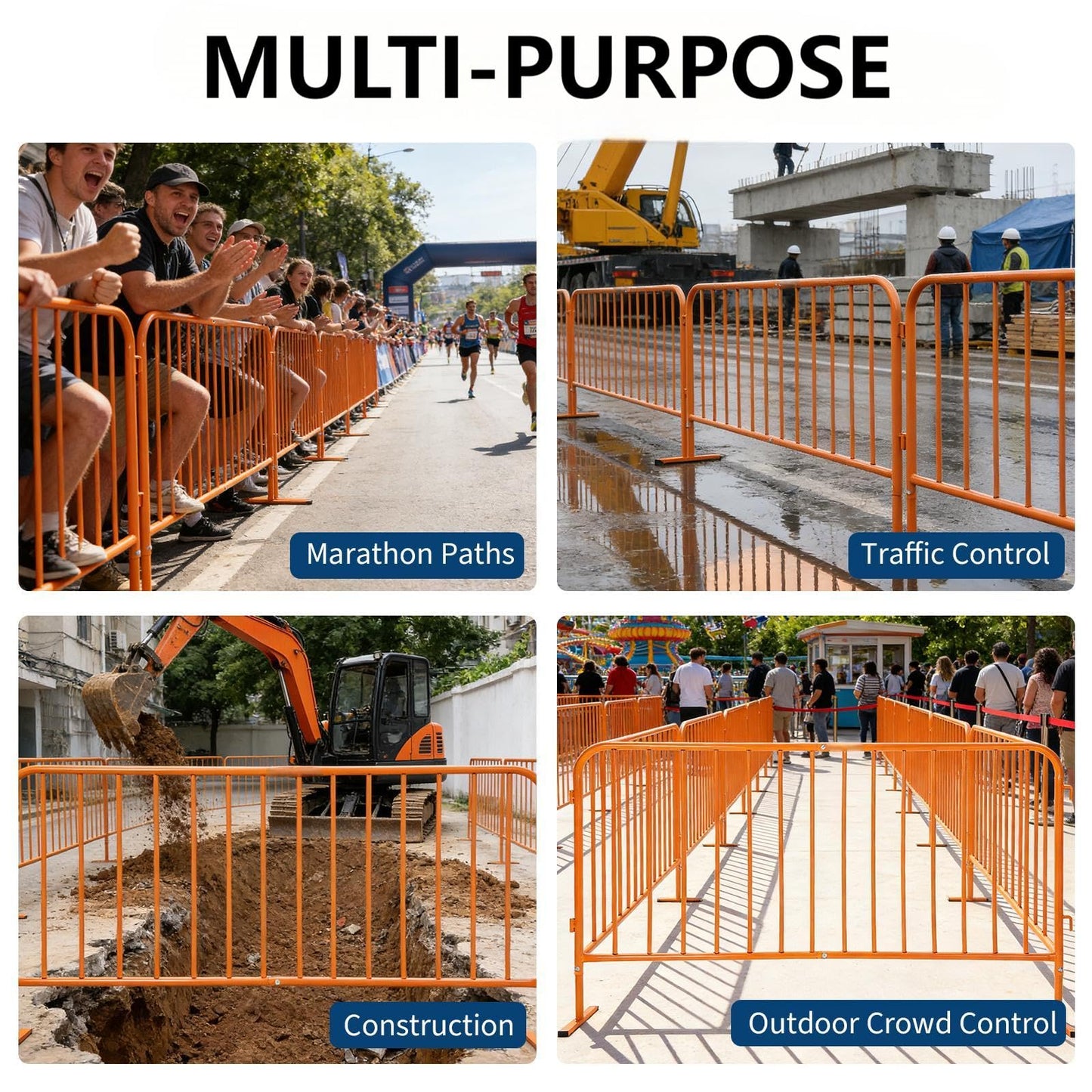 Heavy Duty Interlinked Steel Safety Barricade – Removable Flat Feet, Portable, Weather Resistant, Durable Metal Crowd Control Barrier for Outdoor Events, Construction, Parking, Facility, 8.5FT
