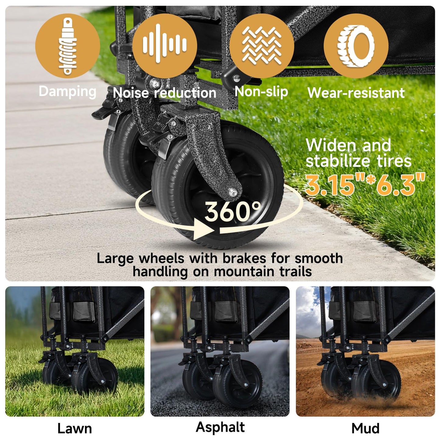 QEZER56 Large Collapsible Folding Wagon with Tailgate and Brake, 600LBS Heavy Duty Utility Cart, 250L Large All-Terrain Beach Wagon for Camping Garden Shopping Grocery Sports (Black, 250L)