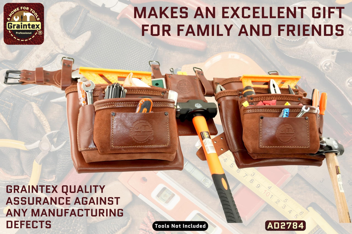 GRAINTEX AD2784 :: 4 Piece 17 Pocket Framer's Tool Belt Combo Ambassador Series Chestnut Brown Color Grain Leather