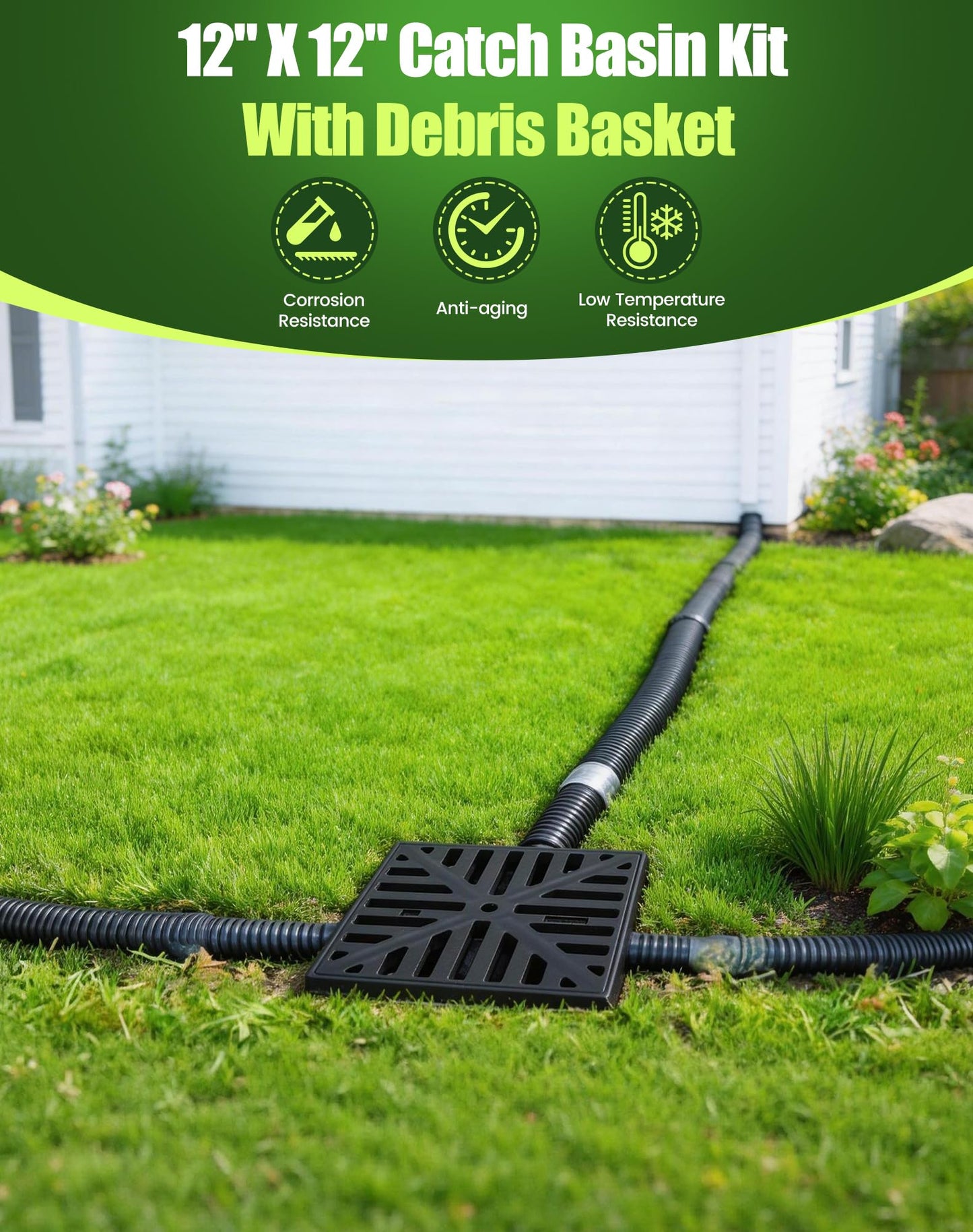 Dooeant Upgrade 12-Inch Catch Basin Drainage Kit with Debris Basket Strainer, 4 Size (2", 3", 4-3/8", 6-3/8") Pipes for Garden, Yard, Lawns, Outdoor (2 Pack)