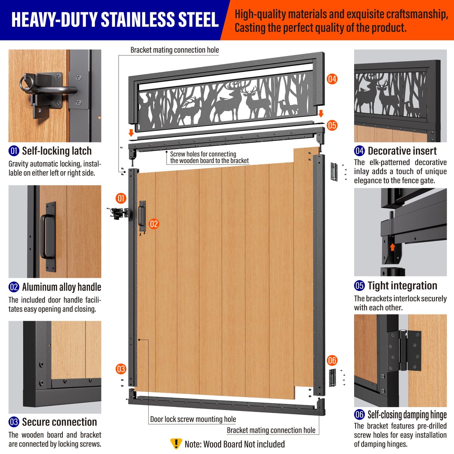 Prinfort 4x6FT (46.78"W X 70.8"H) 201 Stainless Steel Anti Sag Wooden Fence Gate Kit Heavy Duty Garden Gate Frame Hardware Kit Reinforcement (Left/Right Free-Installation)