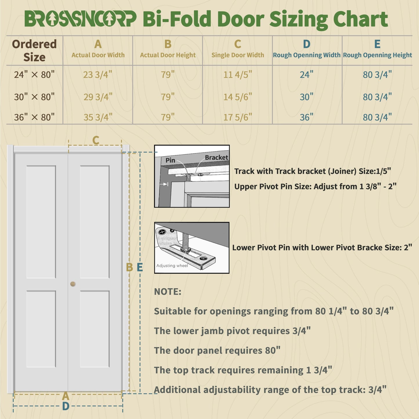 Brosisincorp 30" x 80" Shaker Bifold Closet Door, Solid Wood Core Interior Folding Door, Pre-Assembled & Paintable, Complete Hardware Kit Included, White 2-Panel