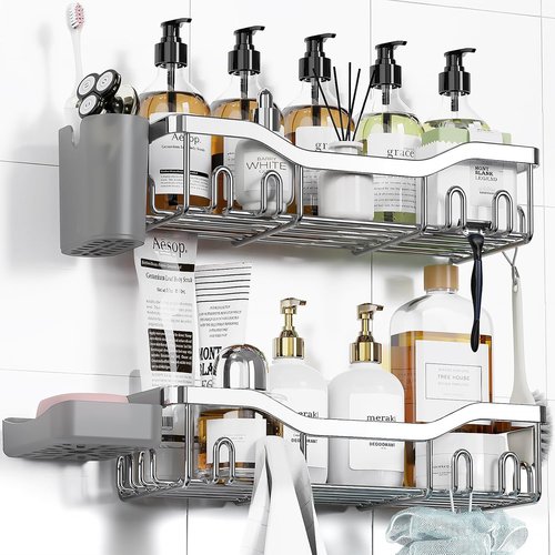 NESOMI Shower Caddy - Adhesive Bathroom Organizer with Soap Dish & 16 Hooks | Rustproof Stainless Steel, 2 Pack Silver