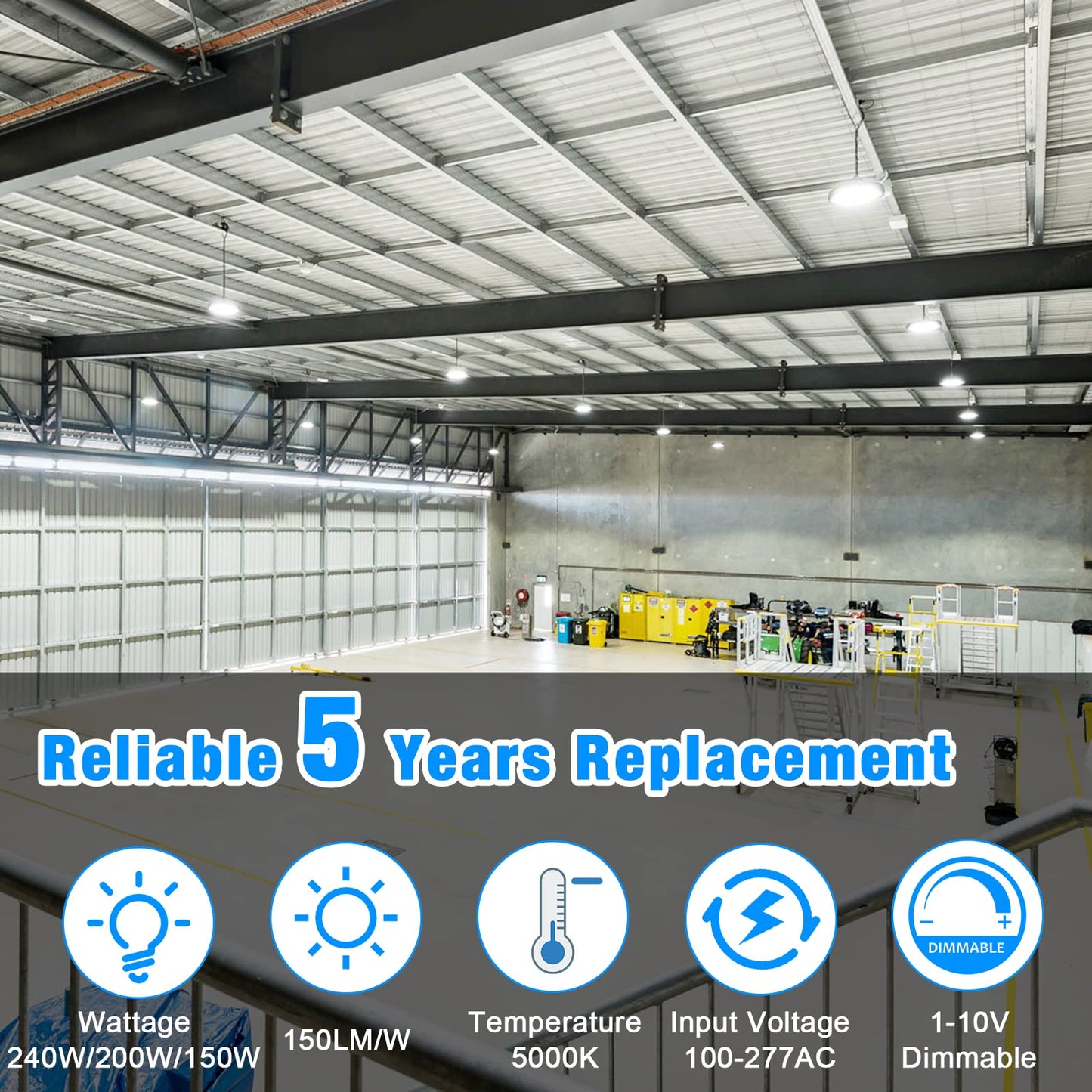G GJIA UFO LED High Bay Lights 240W Flicker Free -36000LM Super Bright High Bay Shop Lights 5000K, 0-10V Dimmable, 6' Cable, 100-277V for Garage Barn Warehouse(2 Pack)
