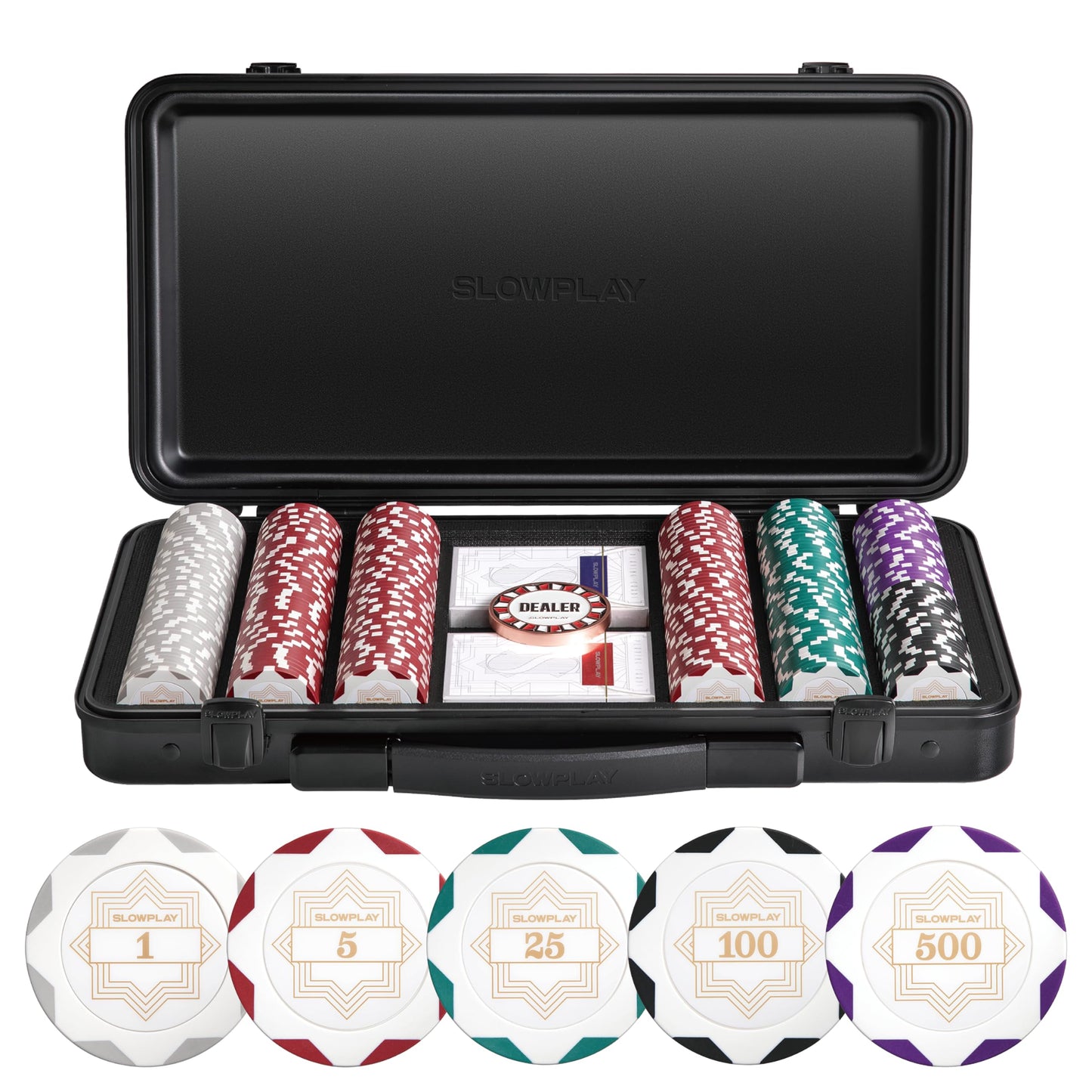SLOWPLAY Nash 14g Clay Poker Chip Set White Gold Edition– 300PCS Full Set for Texas Hold’em | Numbered Chips: 1, 5, 25, 100, 500 | Premium Case with Durable German Polycarbonate Shell