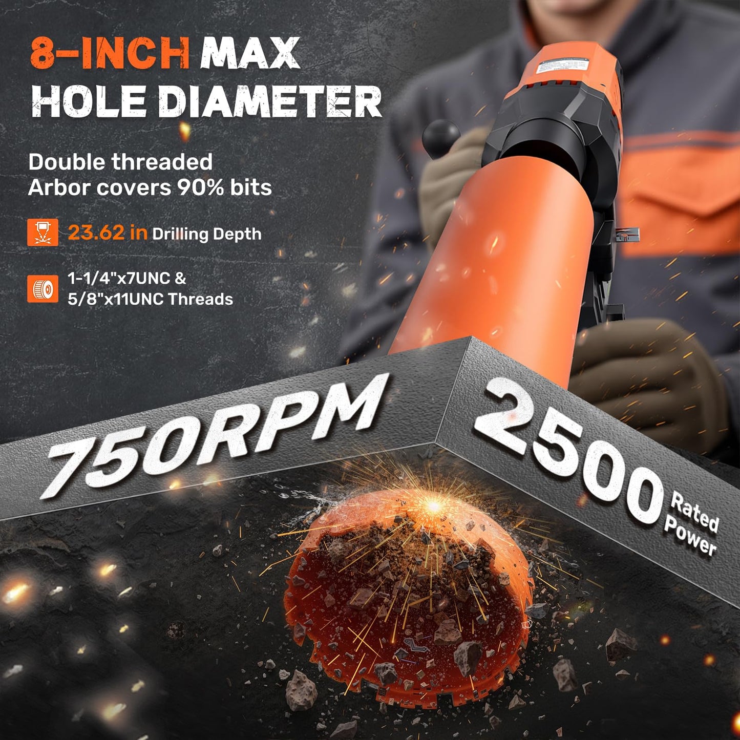 Zelurelle 8" Diamond Core Drill Machine with Stand, 2500W Wet & Dry Concrete Core Drilling Rig, 750RPM Heavy Duty Core Drill Press for Concrete Brick Stone Masonry, Max Depth 23.6"