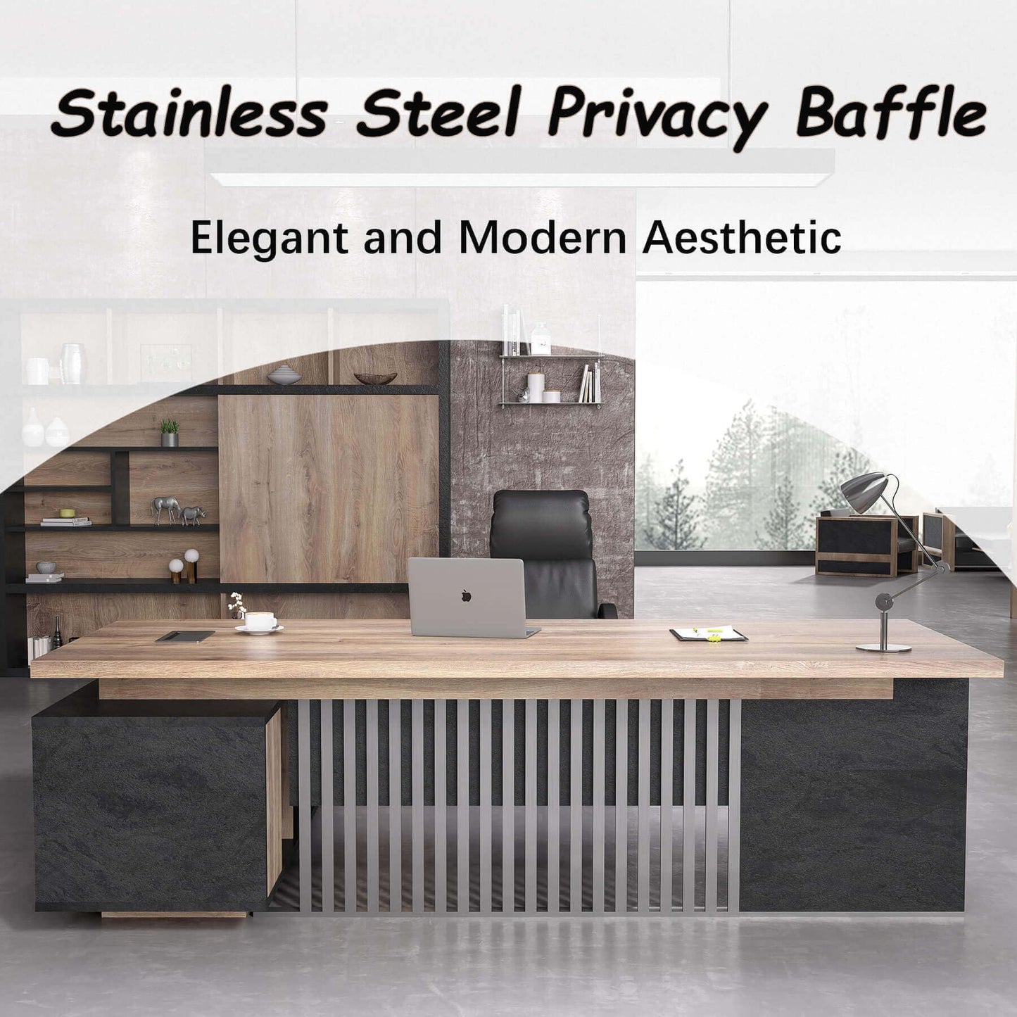 SAINTCY L-Shaped Executive Desk, Industrial Office Desk with Drawer & Cabinet, Large Wood Desktop, Unique Stainless Steel Privacy Screen (Left Return, 78.74")