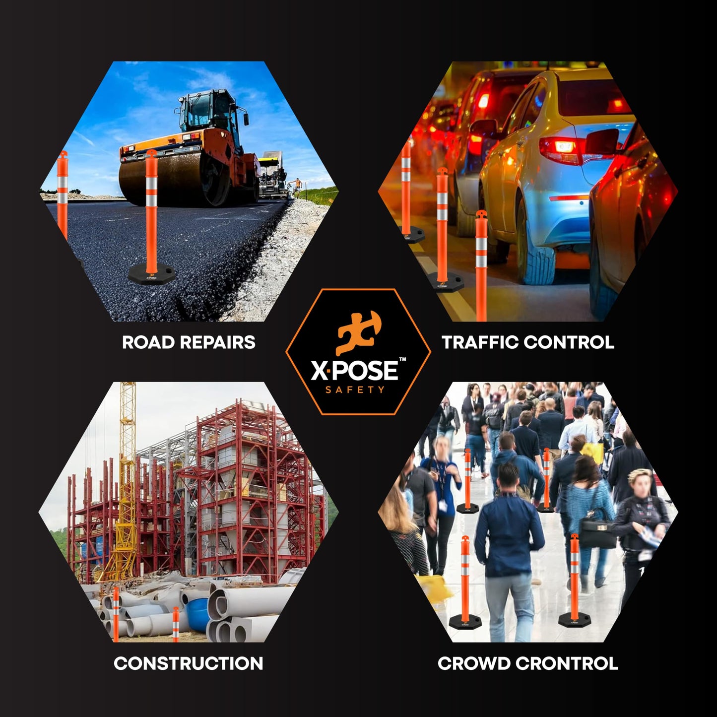 Xpose Safety 45" Orange Delineator Posts with Base, 3-Pack – T Top, 10" Reflective Band, 13 lb Rubber Base – Traffic, Parking, Construction, Events