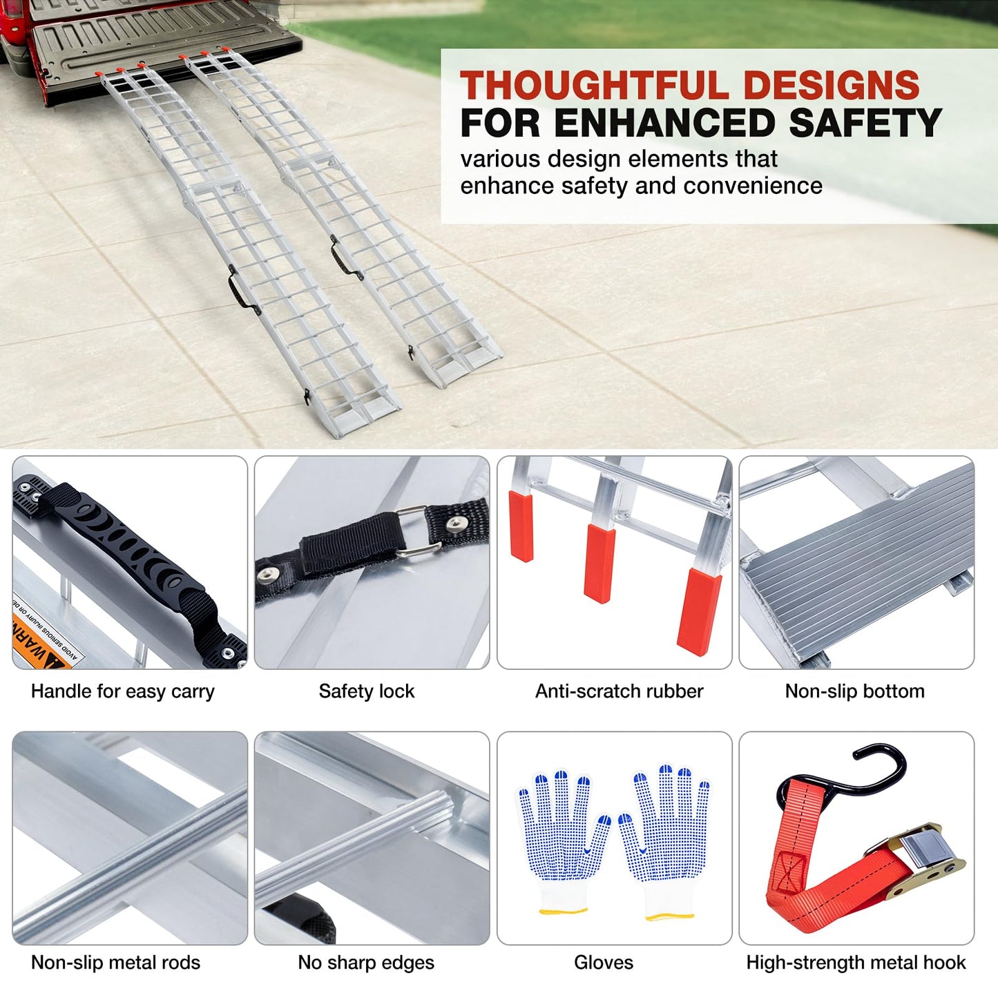 WheelX Aluminum Folding Loading Ramps, 1800 lbs Capacity Truck Ramps for Pickup Trucks Bed, Trailers Ramp with Load Straps for ATV/UTV, Motorcycles, Lawn Mowers, Golf Carts, 2Pcs, 90" L x 12" W