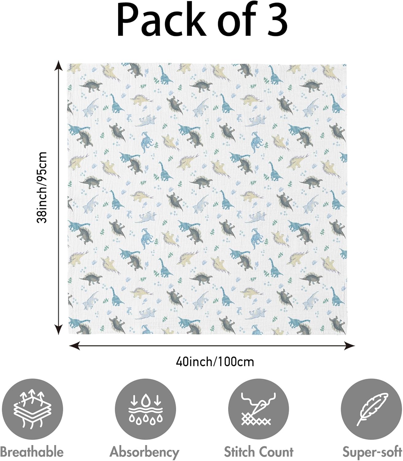 Skiennix Muslin Swaddle Blankets - Soft & Breathable 3-Pack for Newborns | Large 38 x 40 Inches (Blue Dinosaur)