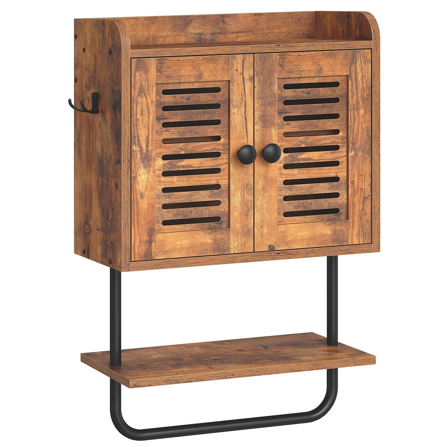 HOOBRO Bathroom Wall Cabinet, Double Doors Medicine Cabinet with Towel Bar, Adjustable Shelf, 2 Hooks, Over The Toilet Storage Cabinet, for Bedroom, Kitchen, Rustic Brown BF46CW01