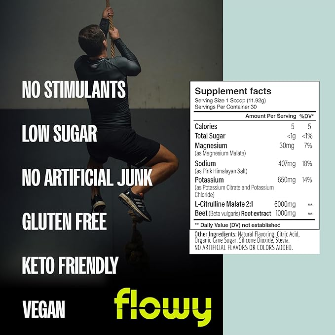 flowy Stim Free Pre Workout ??Nitric Oxide Booster for Men & Women | All Natural, Hydration, Non Stimulant Pump, Caffeine-Free, Electrolytes, L-Citrulline, Lemon Lime, 30 Servings