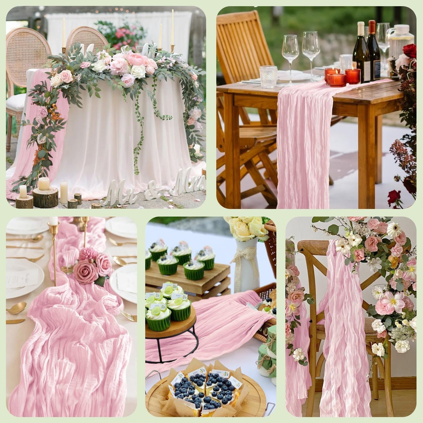 Skiennix 3PCS Table Runner Set - Blushing Pink Boho Gauze Cheesecloth for Summer Weddings & Parties