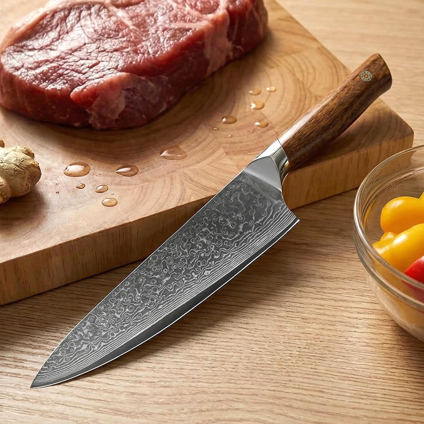 Newise Chef Knife, 8 Inch Japanese Kitchen Knives with Damascus Steel Core, Sharp Gyuto Knife with Wood Handle, Cooking Knives for Women Men