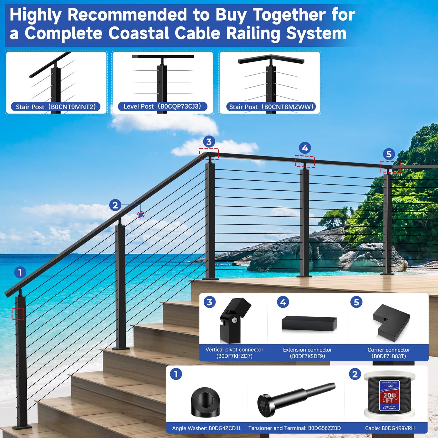 Zylorix 20 Pack 0.35" ID T316 Angle Washers Max for 5/16" Cable Railing Hardware, Marine Grade Stainless Steel 33° Angle Beveled Washers for Stair Deck Metal Wood Aluminum End Posts, Black