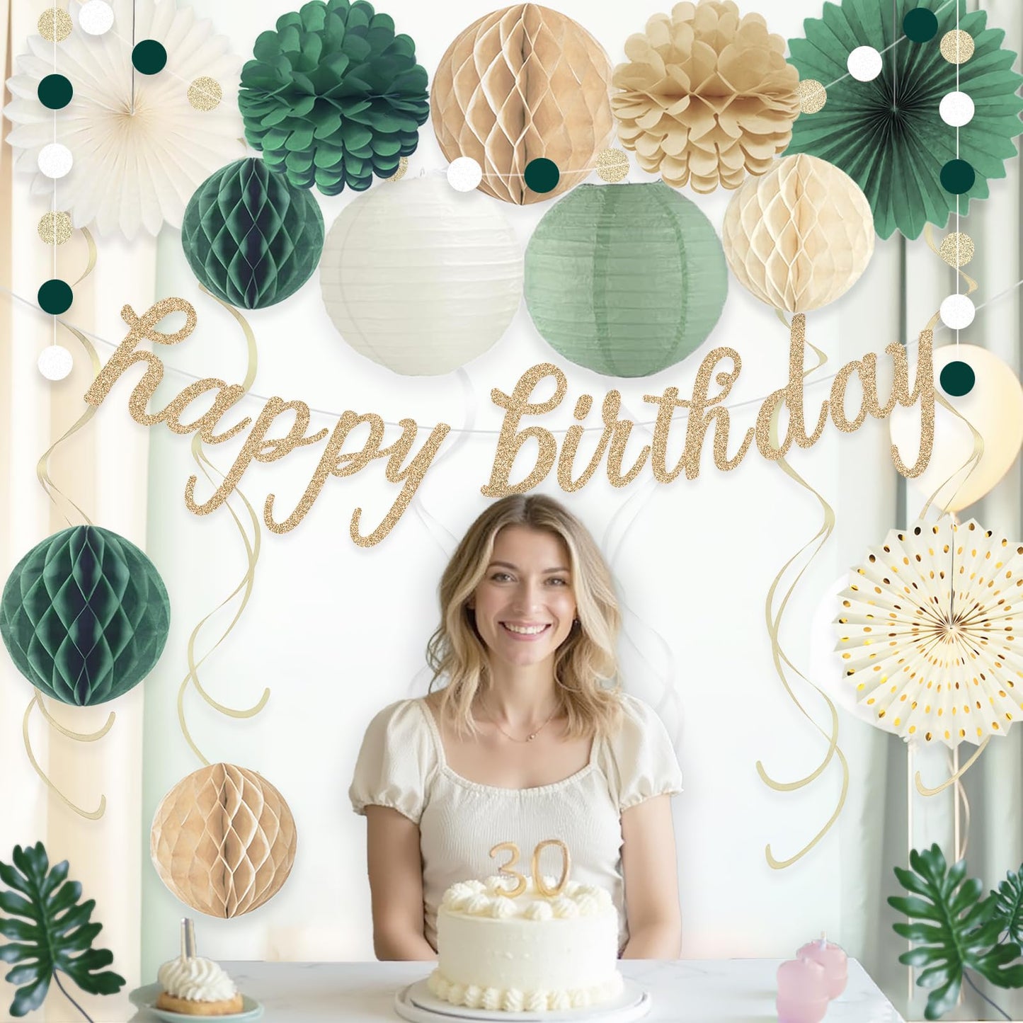 Sage Green Happy Birthday Decorations, Pre-Strung Happy Birthday Banner with Honeycomb Balls, Paper Flowers, Lanterns, Hanging Swirls, Circle Dots Garland for Birthdays Party Decorations 24pcs