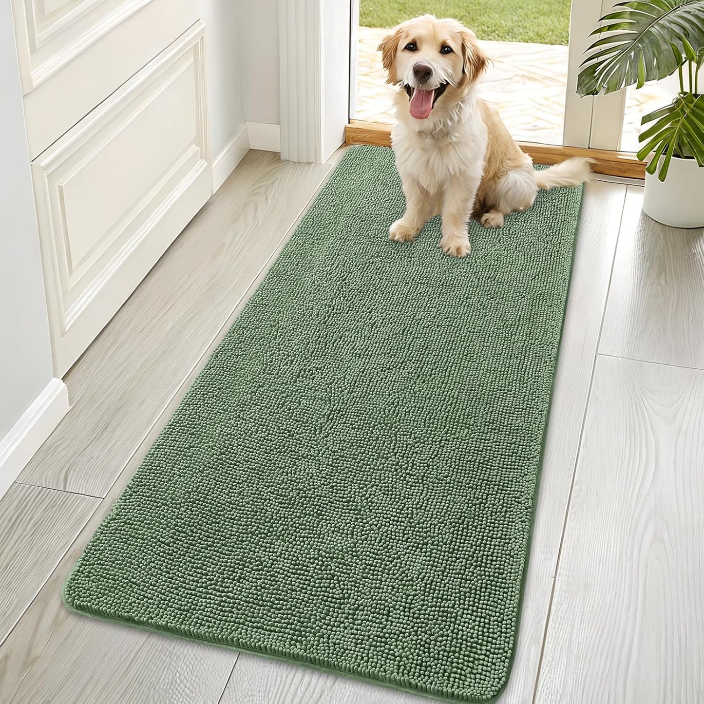 OLANLY Dog Door Mat - Absorbent Non-Slip Washable Doormat for Muddy Paws | 70x35 Olive Green