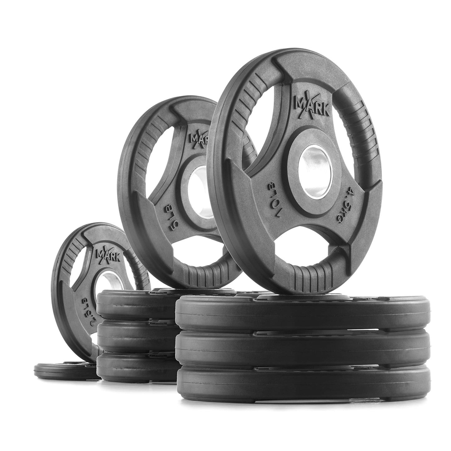 XMark Olympic Bar Curl Bar With Weights, 65 lb Set of TRI-Grip Weight Plates, Premium Quality, Rubber Coated XM-3377 With EZ Curl Bar