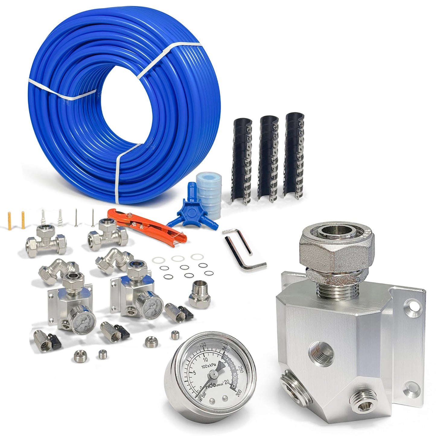 Compressed Air Piping System with 3/4 Inch ID x 100 feet 3-Way Multi-Outlet Aluminum Manifolds with individual Pressure Gauge HDPE Tubing Shop Air Line Kit, Air Compressor Line Kit | 200 PSI | 9110G