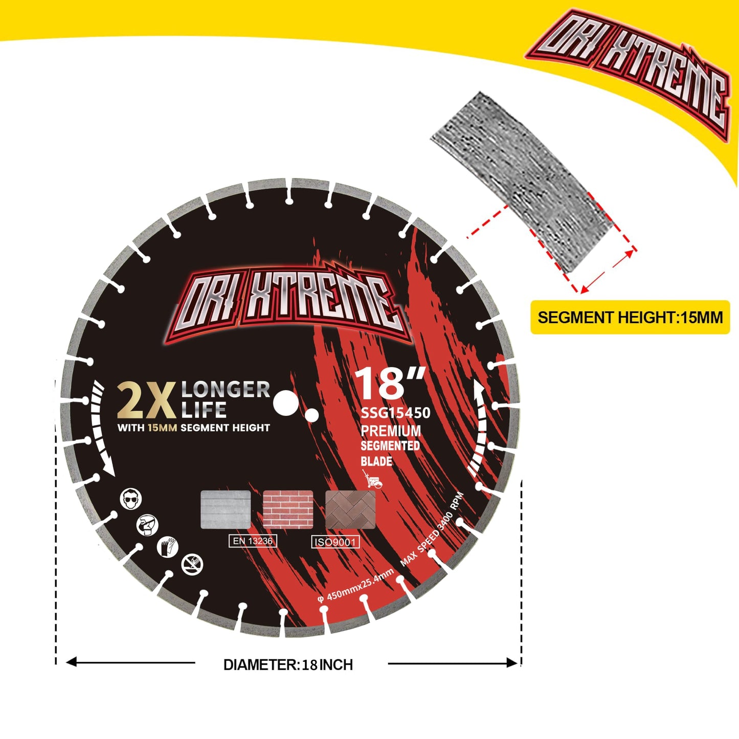 ORIXTREME 18 Inch Diamond Concrete Saw Blade, Segmented General Purpose Blade Dry/Wet Cutting Concrete, Reinforced Concrete, Masonry, Brick, Block,1" Arbor