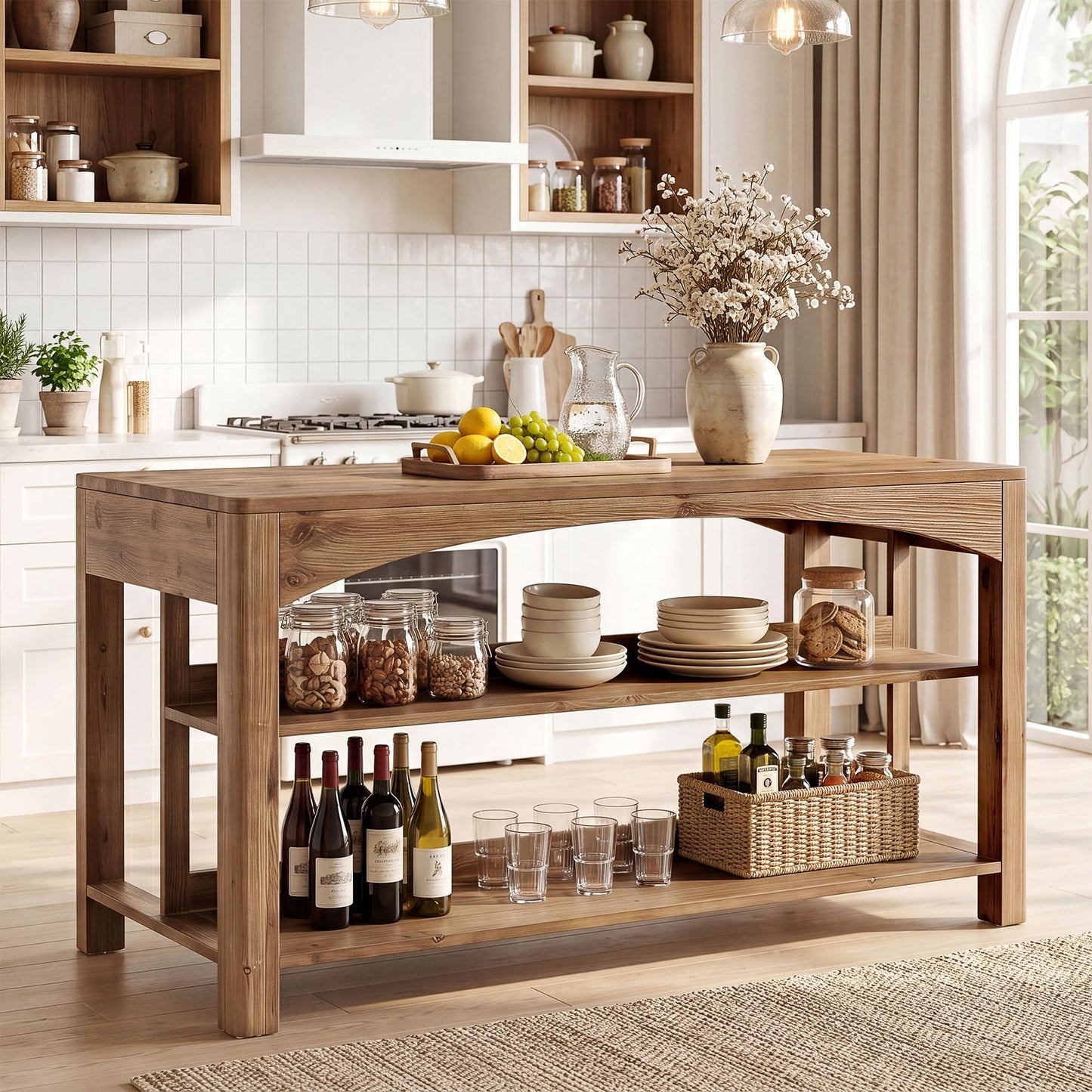 TRIBEWOOOD 59 Inches Kitchen Island with Storage, 3-Tier Solid Wood Stationary Island Table with Open Shelves, Large Prep Table for Kitchen Dining Room, Rustic Brown