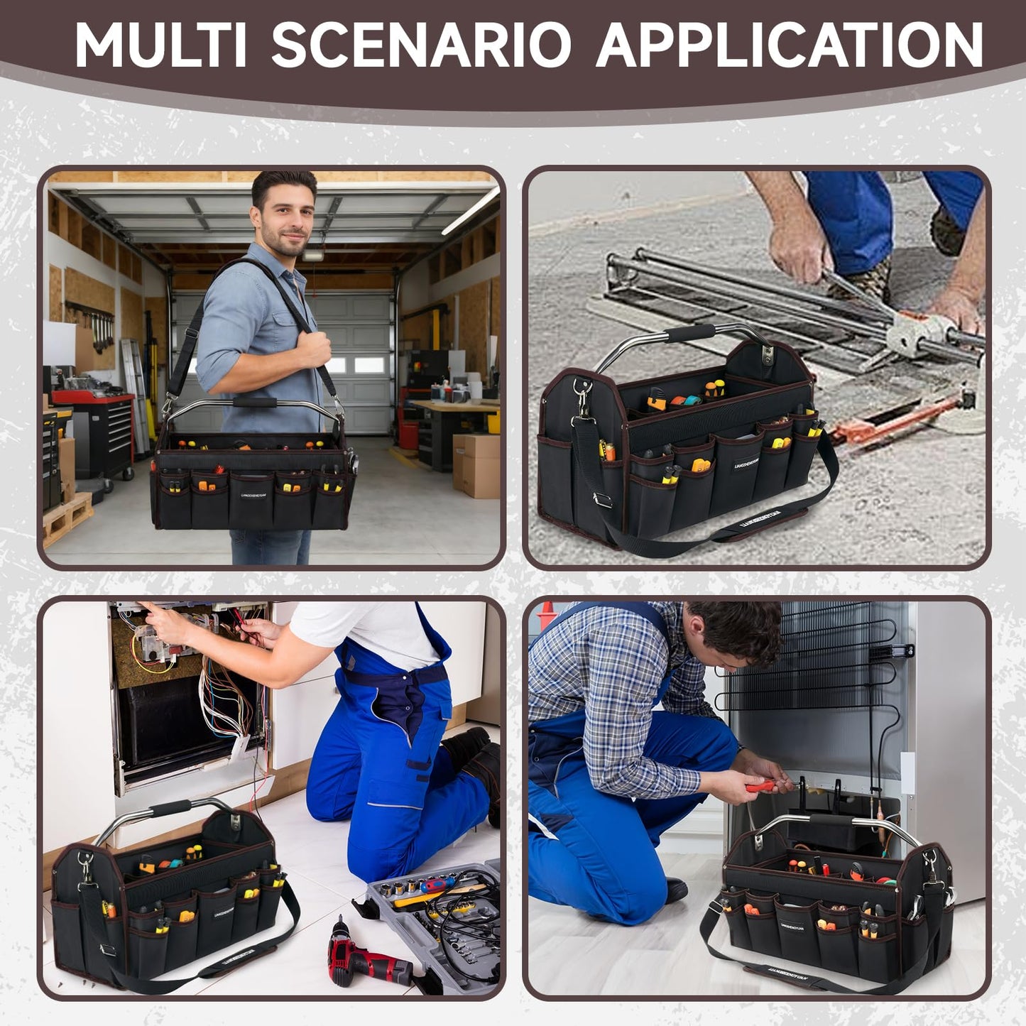 20 In Tool Carrier, Open Top Tool Tote 30 Pockets, Waterproof Tool Bag For Men, Foldable Wide Mouth Electricians Tool Bag, With Stainless Steel Handle and Removable Shoulder Strap
