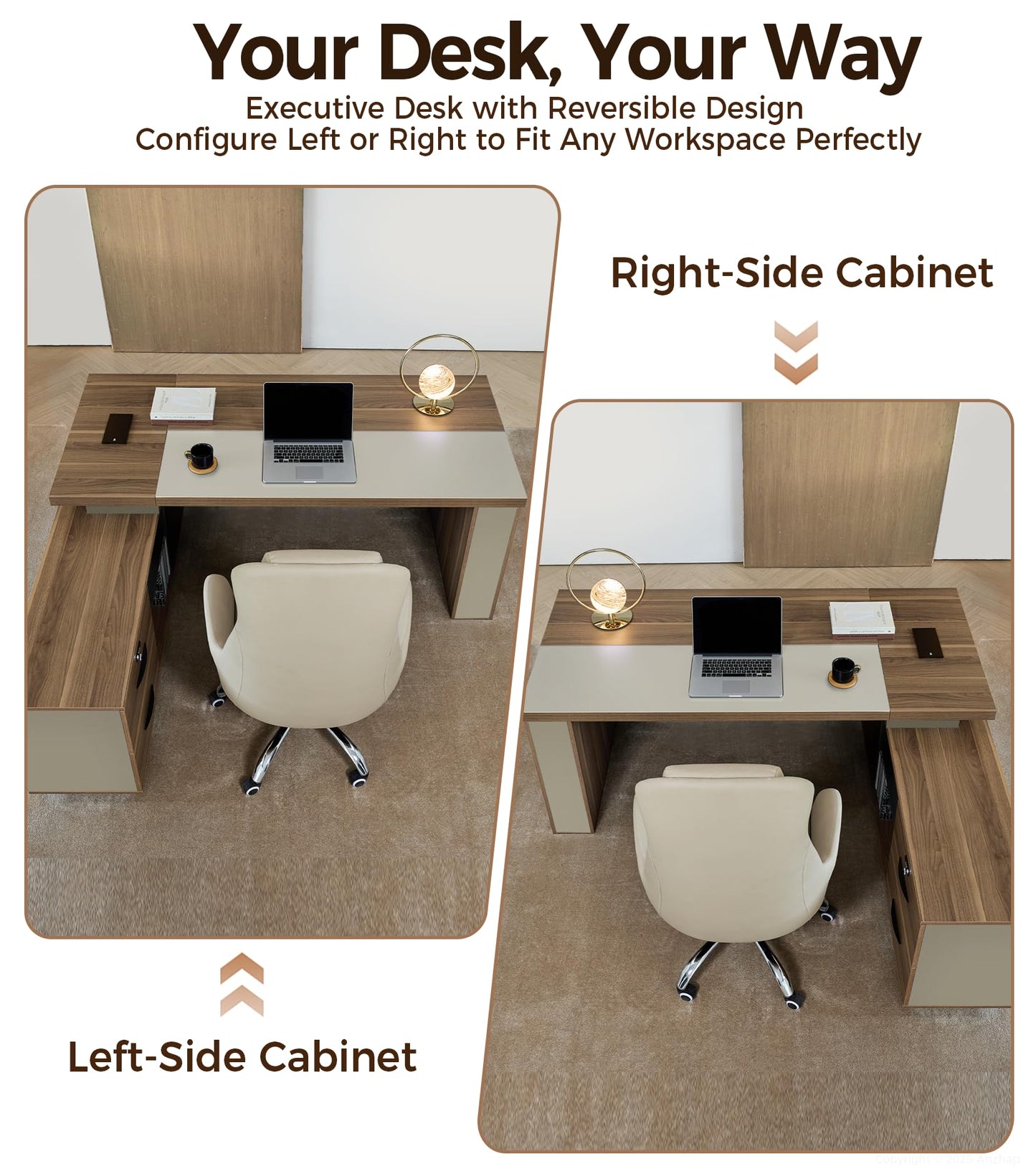 Anzhap 95" L-Shaped Executive Desk with Reversible Cabinets – Large Luxury Office Desk with Drawers, Open Storage Shelves, Built-in Power Outlets & LED Lighting for Home or Business