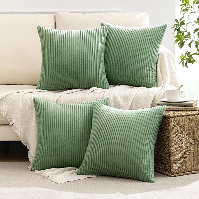 MIULEE Boho Farmhouse Throw Pillow Covers 18x18 Inch Set of 4 Mordern Nordic Cushion Covers Soft Corduroy Spring Home Decor for Couch Bed Sofa Living Room Sage Green