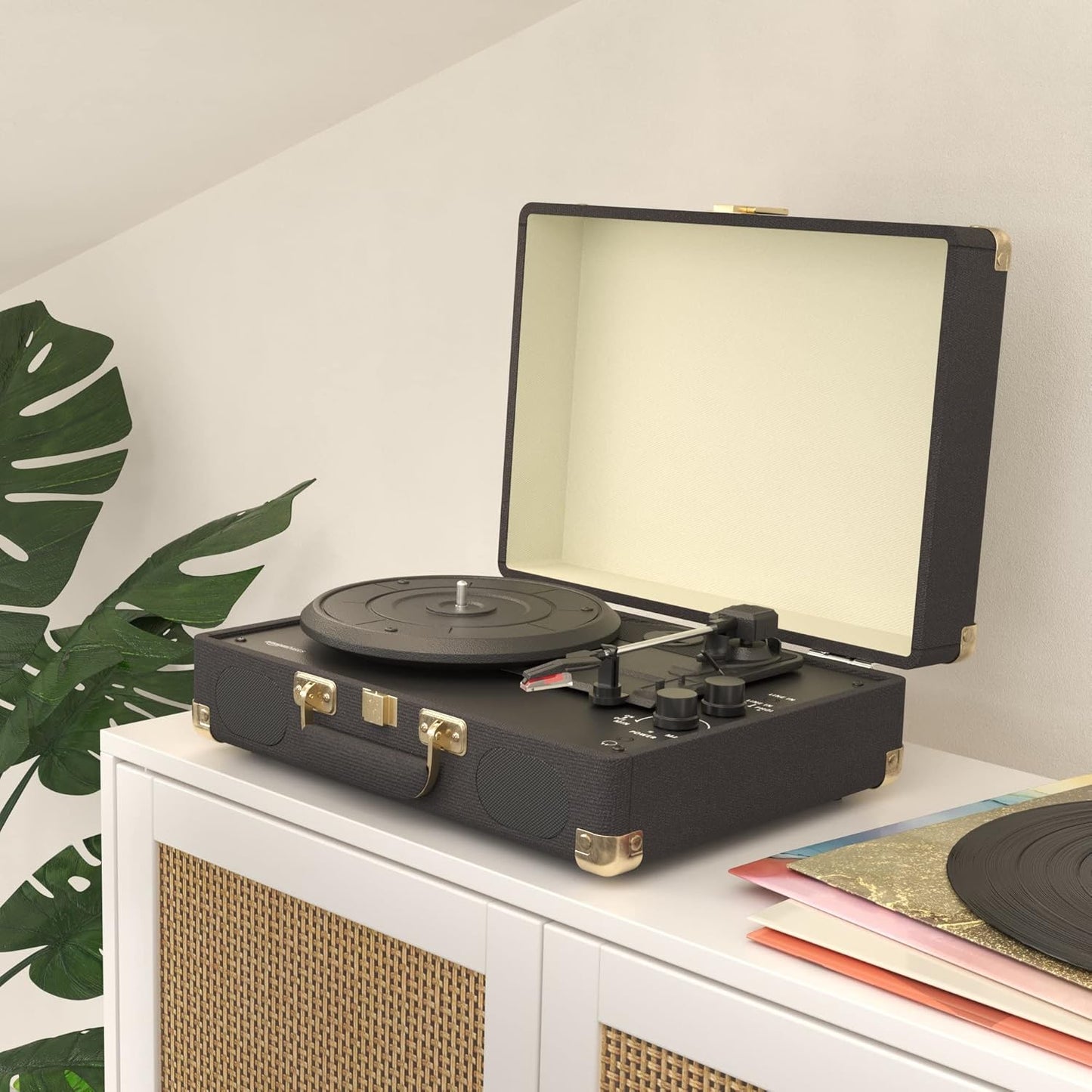 Amazon Basics 3-Speed, Portable Suitcase Vinyl Turntable Record Player with Built-in Stereo Speakers, Belt Drive