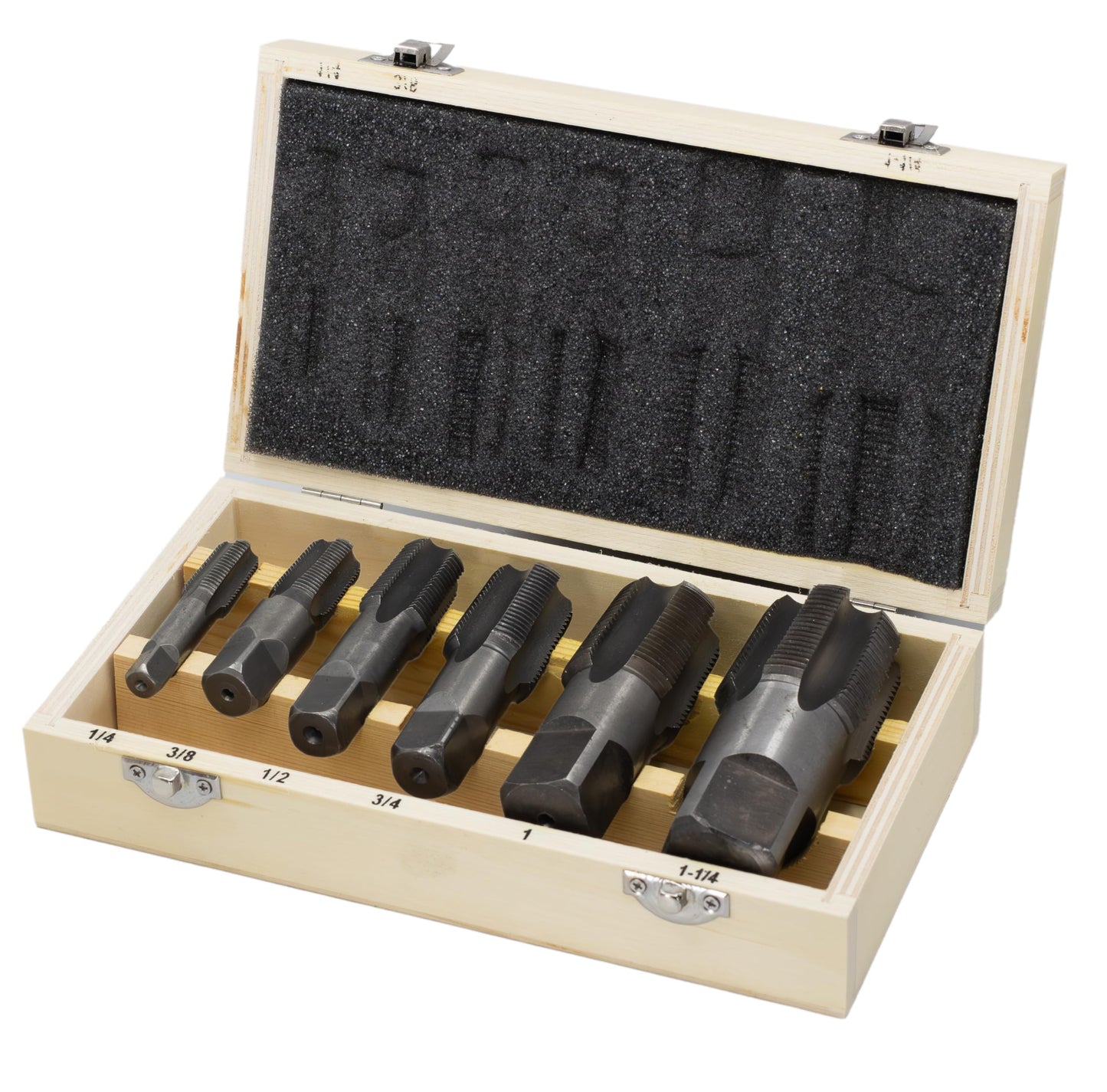 Drill America DWTHS1/4-1-1/4SET 6 Piece NPT Pipe Tap Set in Wooden Case (1/4 ", 3/8 ", 1/2 ", 3/4 ", 1 " and 1-1/4 "), High Speed Steel, DWT Series,Small