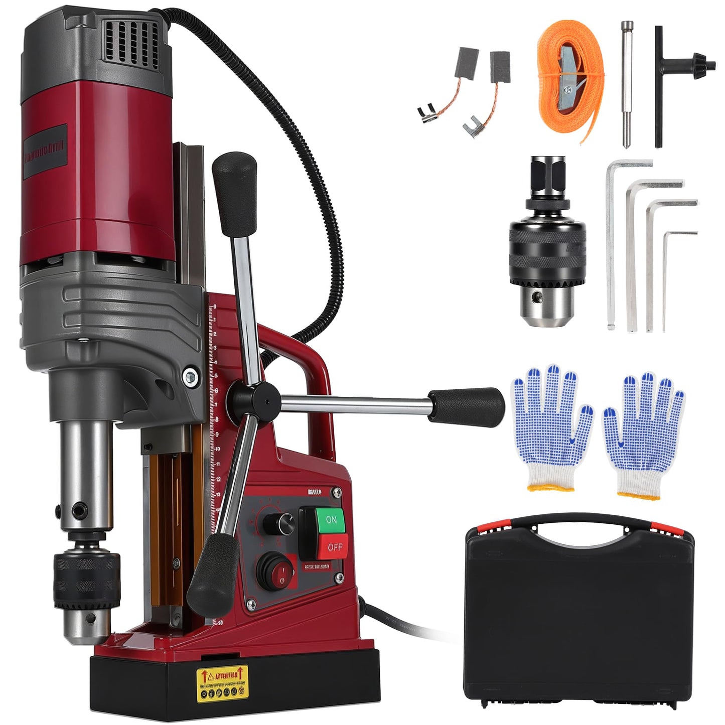 1.57 Inch Magnetic Drill Press, 210mm Max Stroke, 13000N Magnetic Force, 1550W 820RPM Portable Electric Mag Drill Machine for Metal Drilling, Industrial Grade with Drill Chucks & Annular Cutters Kit
