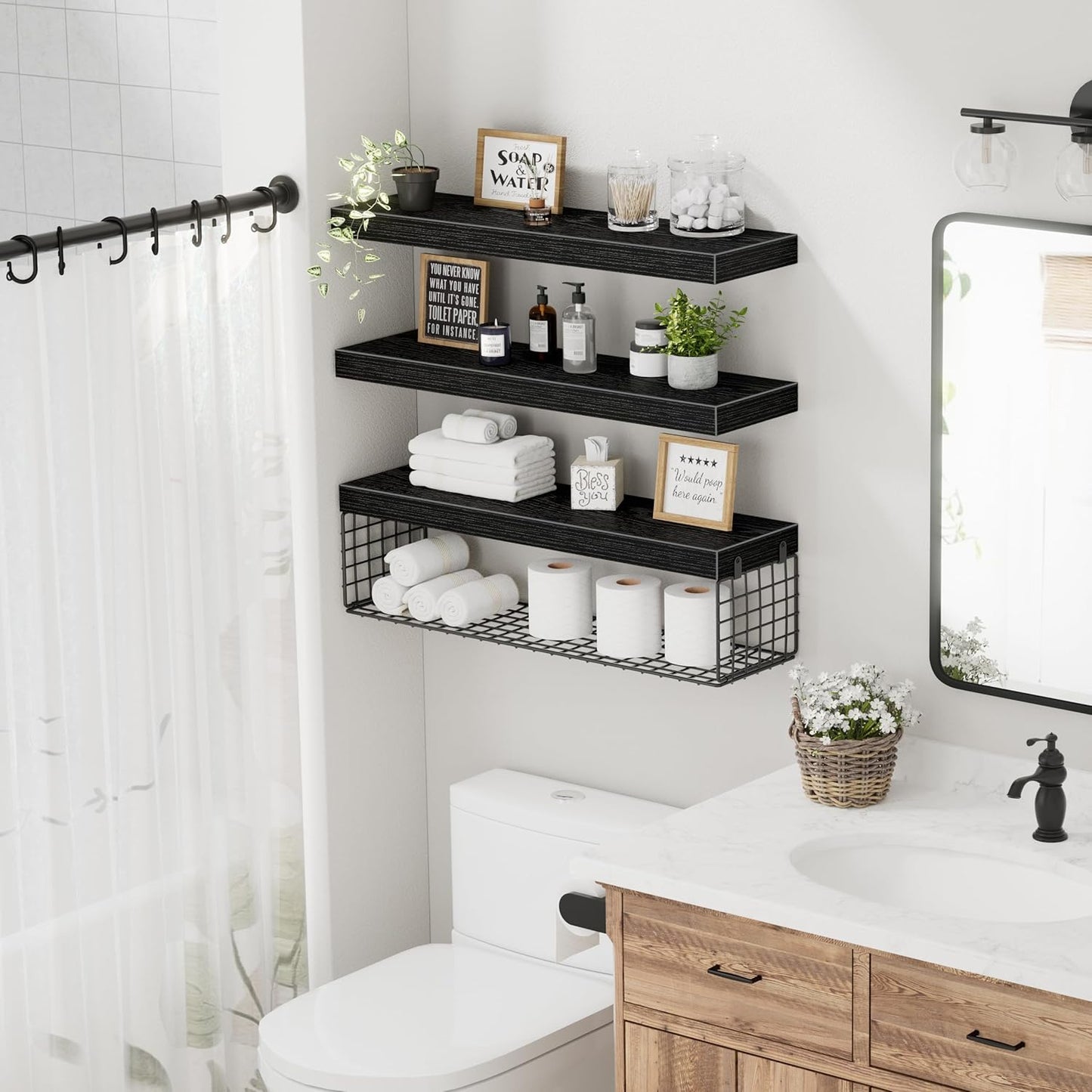 QEEIG Floating Bathroom Shelves - 24-Inch Wall Storage for Toilet Paper | Set of 3, Black