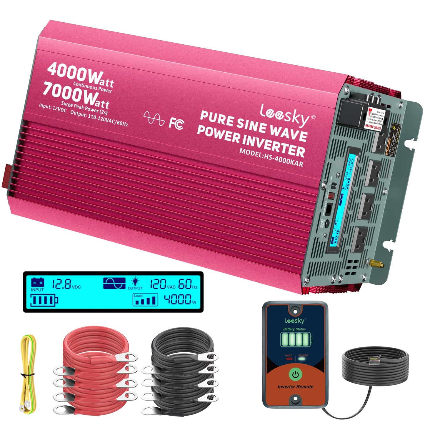 LEESKY 4000 Watt Pure Sine Wave Inverter 12V DC to 110V 120V AC, 7000W Surge Peak for 2 Seconds, Lithium LiFePO4 Battery Compatible Power Inverter for RV, Truck, Off-Grid Solar System, Home Backup