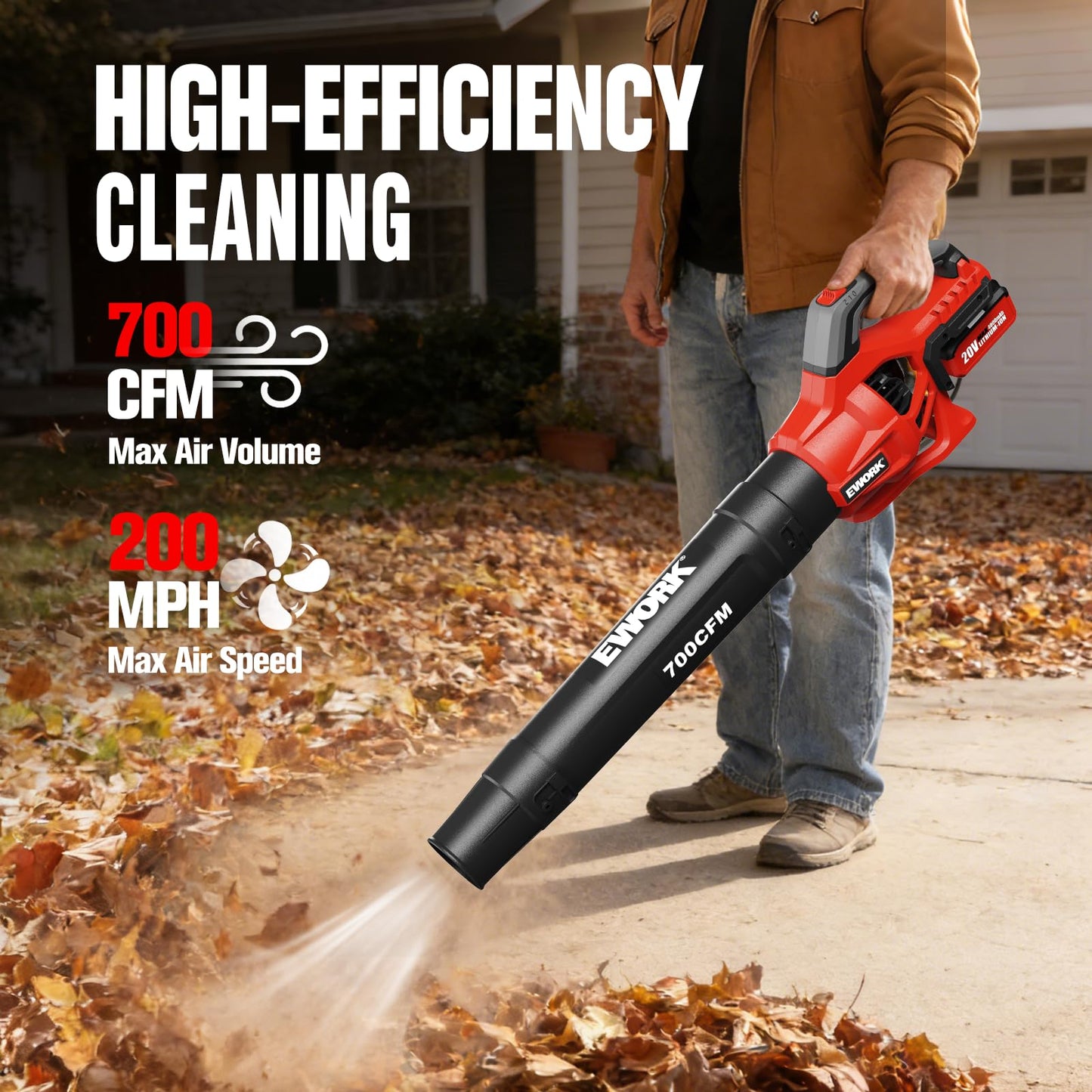EWORK 20V Cordless Leaf Blower, Heavy Duty 700CFM 200MPH Electric Leaf Blower with 2 x 4.0Ah Batteries & Fast Charger, 2-Speed Adjustable for Patio, Garden, Yard and Snow Blowing