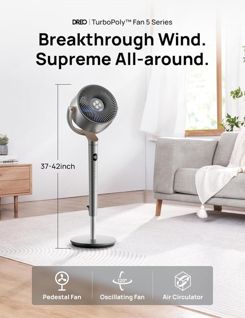 DREO Oscillating Fan - 120° Omni-Directional Circulator with Remote | 20 dB Quiet, 8 Speeds, 35-40" Height