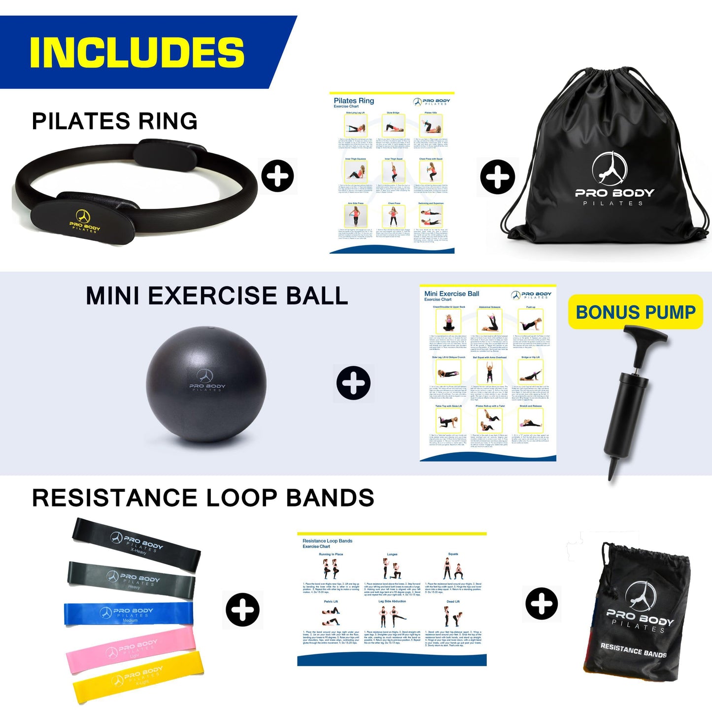 ProBody Pilates Ring Set with 14-Inch Magic Circle Ring, 9-Inch Exercise Ball, 5 Resistance Bands, Pump, Training Guides, & Storage Bag for Core Strength, Balance, Stability Training (Black)