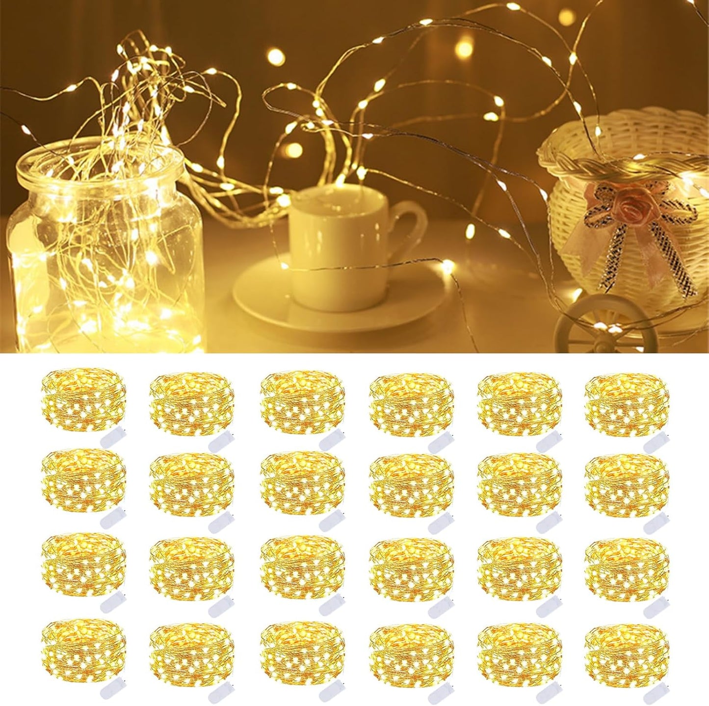 Skiennix 24 Pack Fairy Lights - Battery Operated 7 Feet Twinkle String Lights | Waterproof Silver Wire for Christmas & Valentine's Day Decor (Warm White)