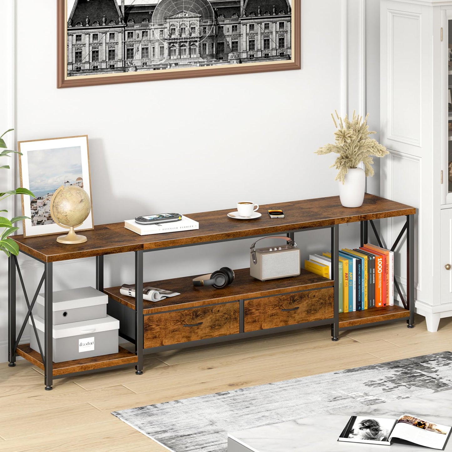 GYIIYUO TV Stand with Fabric Drawers - Entertainment Center and Industrial Console Table with Open Storage Shelves for Living Room, Bedroom - 71.5" Rustic Brown