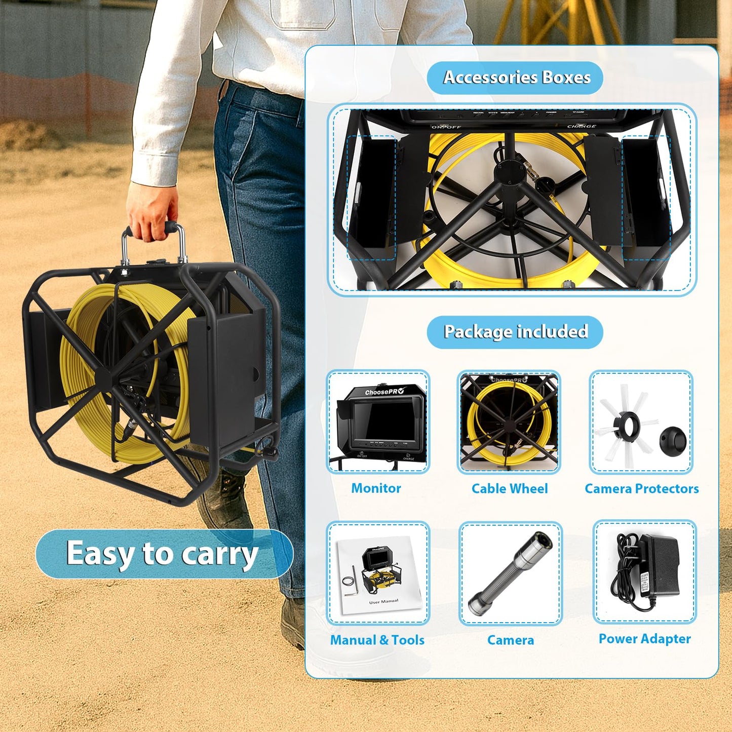 9 inch Monitor 100ft/30m Pipe Inspection Video Camera,IP68 Waterproof 1080P Drain Sewer Pipeline Industrial Endoscope System with Distance Mark Camera DVR Recorder