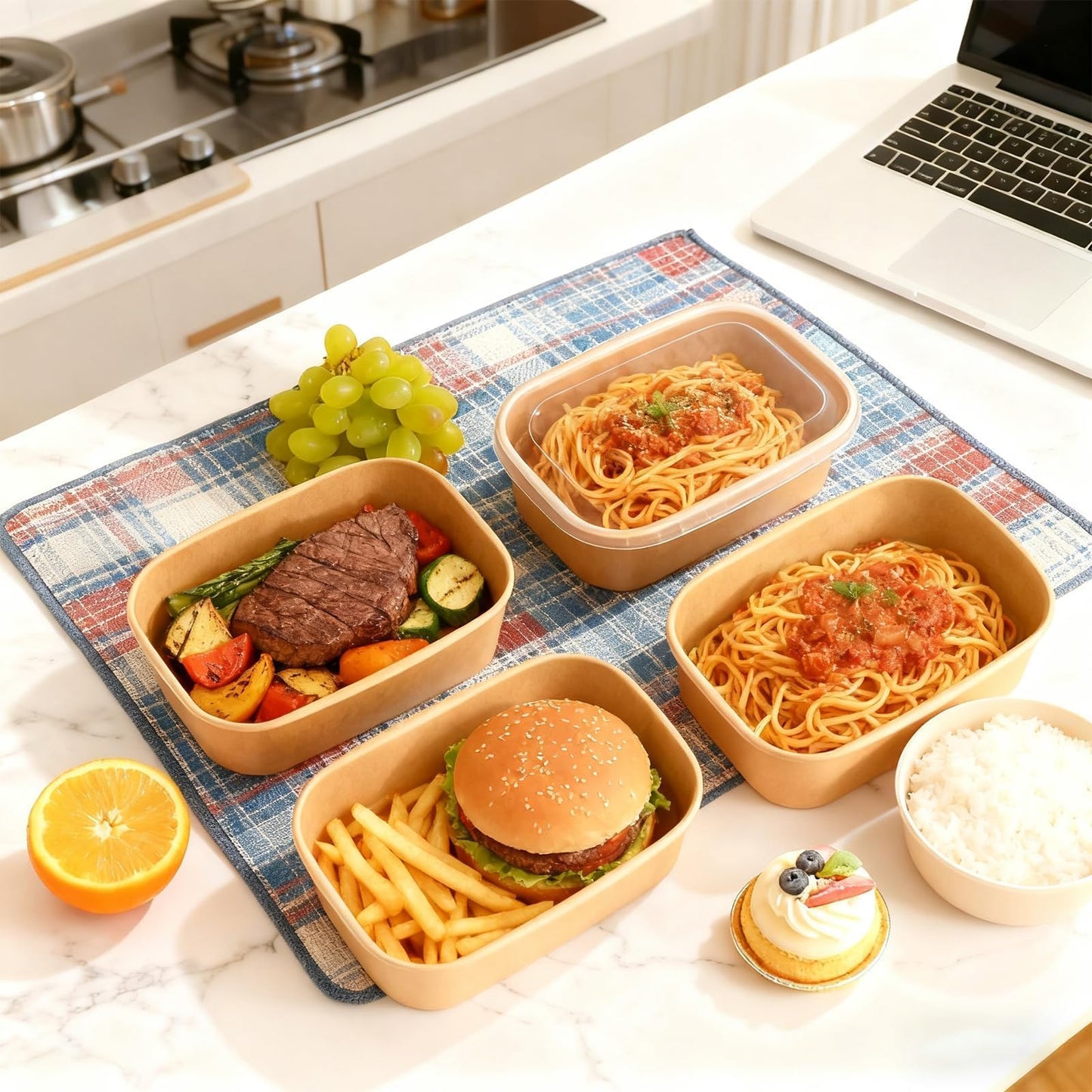 Peseojiar 50 Pack Disposable Meal Prep Containers, 25oz Disposable Large Paper Bowls with Lids and Forks for Salad, Noodles, Freezer and Microwavable Storage Use Cardboard Food Containers