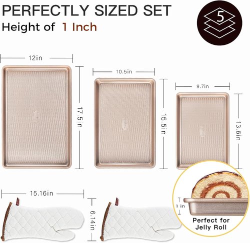 HONGBAKE Nonstick Baking Sheet Pan Set - 3 Pack with Heat Resistant Oven Mitts | Heavy Duty 0.8mm Thick