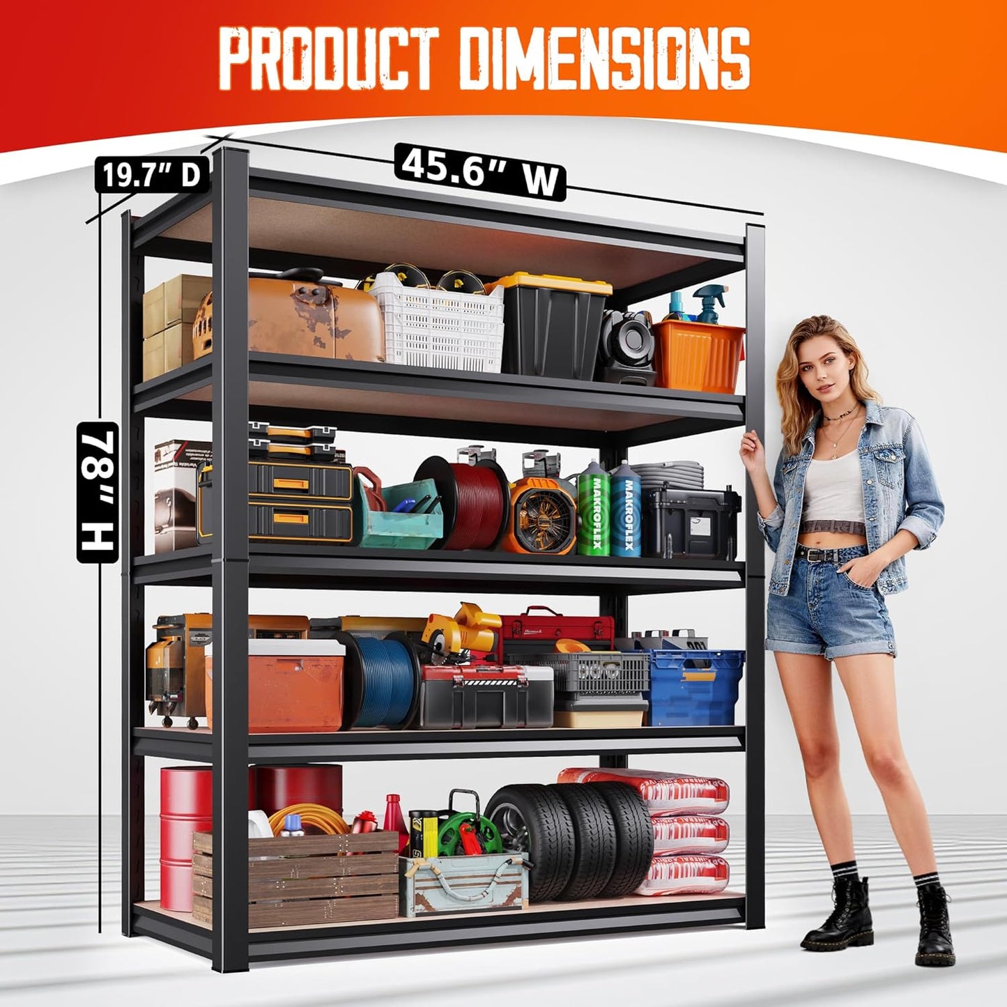 **Regine Switzerland Heavy Duty Garage Shelving - Adjustable 5-Tier Metal Storage Unit | 2050 lbs Capacity, 78"x46"x20"**