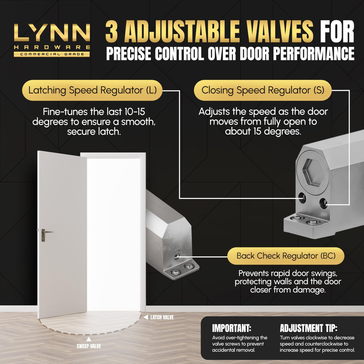LYNN HARDWARE Medium Duty Automatic Door Closer (Matte Black) - Highly Durable Cast Aluminum, Commercial or Home Use, Adjustable Speed Controls, 3 Mounting Options, 3 Hour Fire Rated (DC6003 Model)