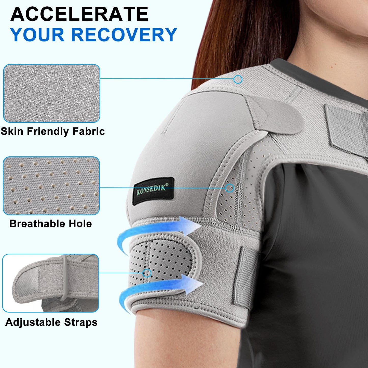 KONSEDIK Shoulder Brace Immobilizer with Ice Pack,Compression Rotator Cuff Support for AC Joint Pain Relief,Frozen Shoulder,Dislocation,Labrum Tear,Adjustable Wrap for Men&Women Left/Right(Gray,Medium)
