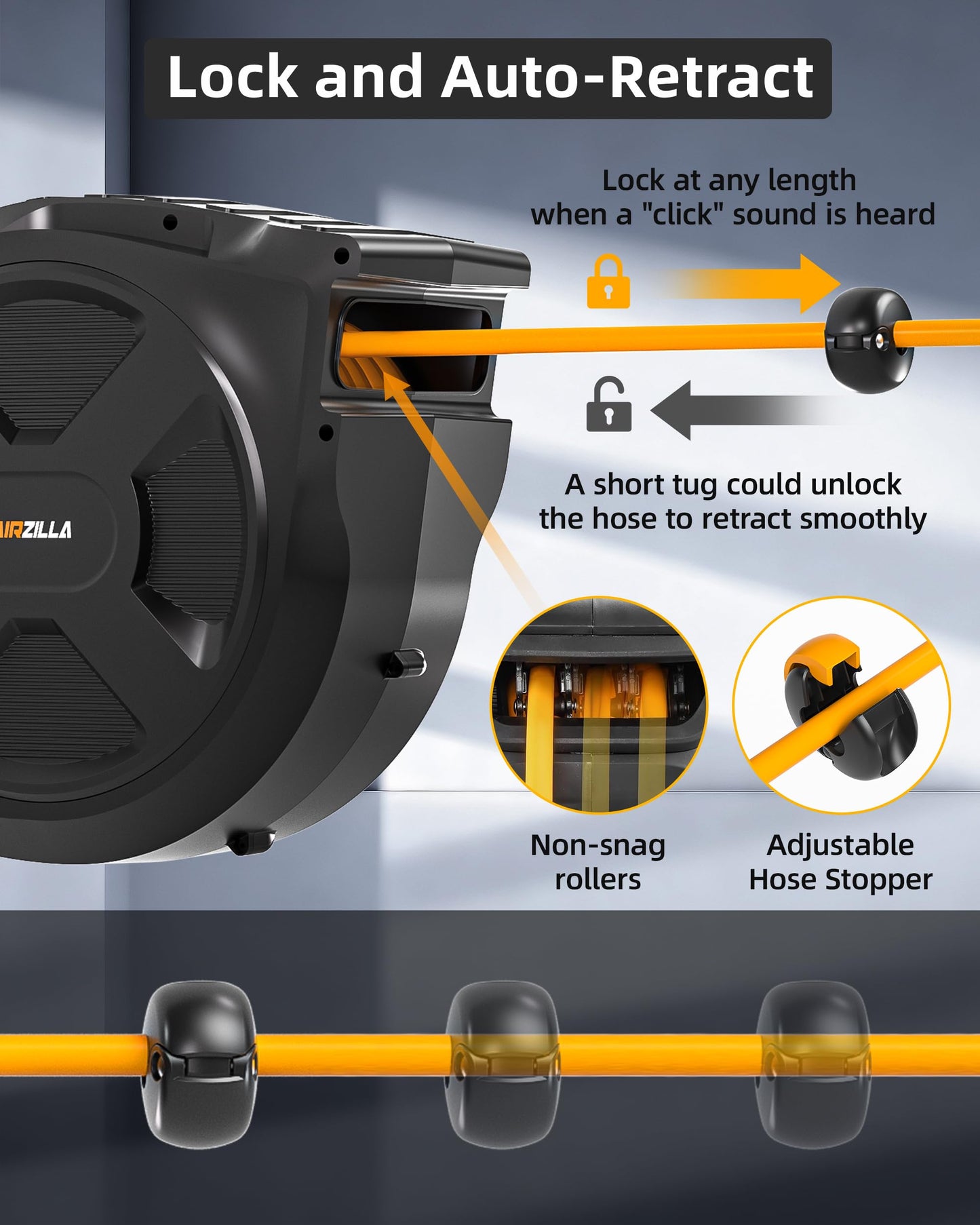 Retractable Air Hose Reel, 3/8" x 100Ft Flex Hybrid Air Hose Max 300PSI Kink-resistant Air Compressor Hose Reel Auto Rewind with 6Ft Lead in, Quick Connect, 180° Swivel Mounting Kit.