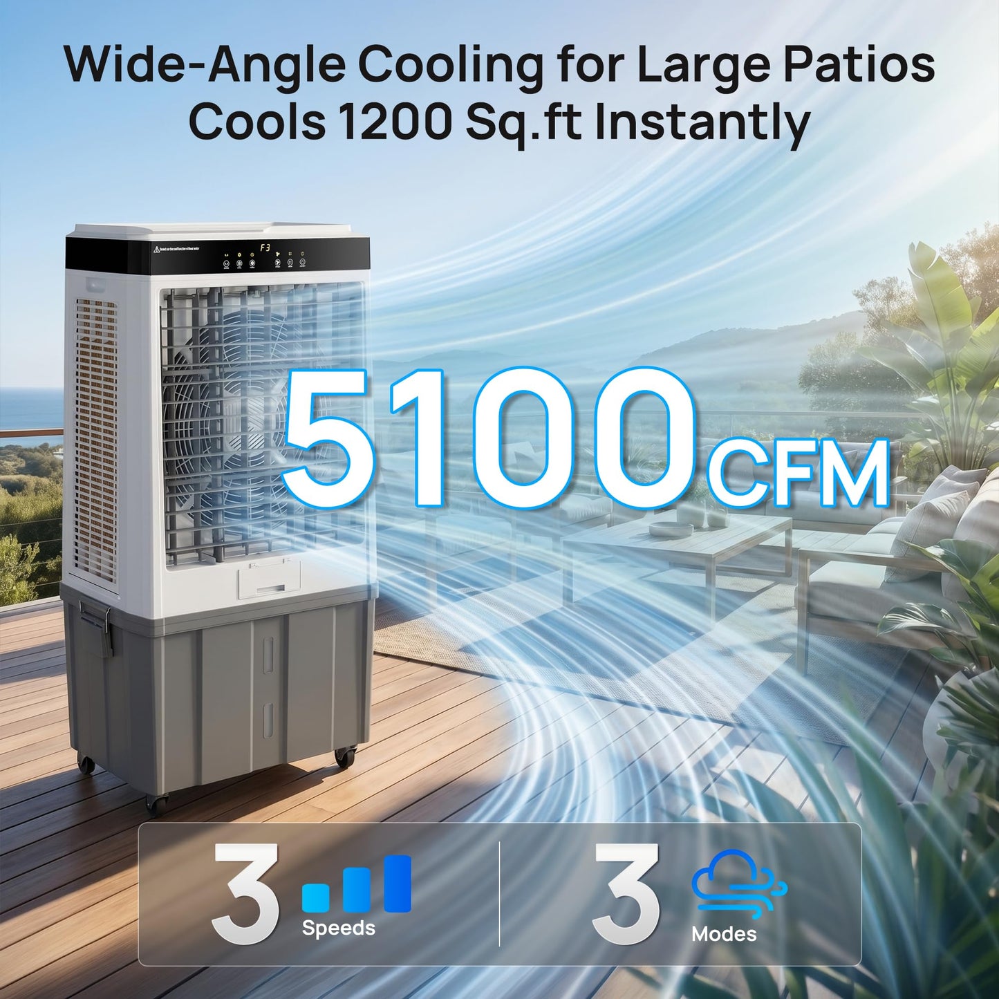 Swamp Cooler, 45" 5100 CFM Evaporative Cooler, 16.5Gal Detachable Water Tank, 4 Ice Packs, 120°Oscillation, 12H Timer, 3-in-1 Evaporative Air Cooler for Outdoor, Patio, Garage, Shop, Industry, ETL
